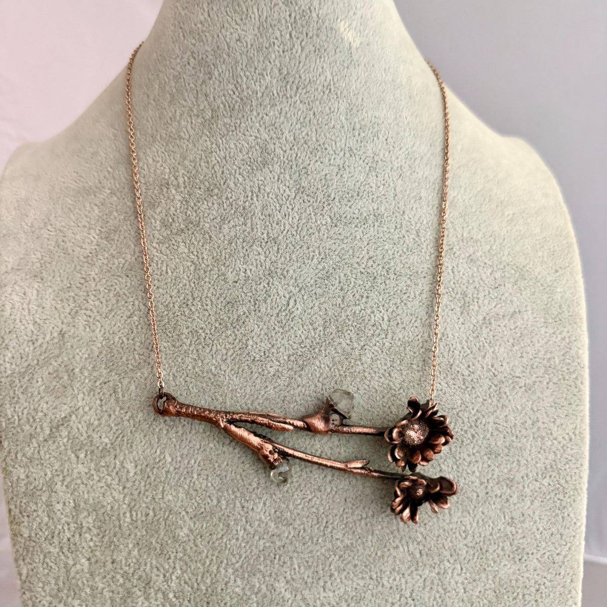 Real Flower Bouquet Necklace with Herkimer Diamond | Electroformed Copper Botanical Pendant | Handmade Crystal Jewelry