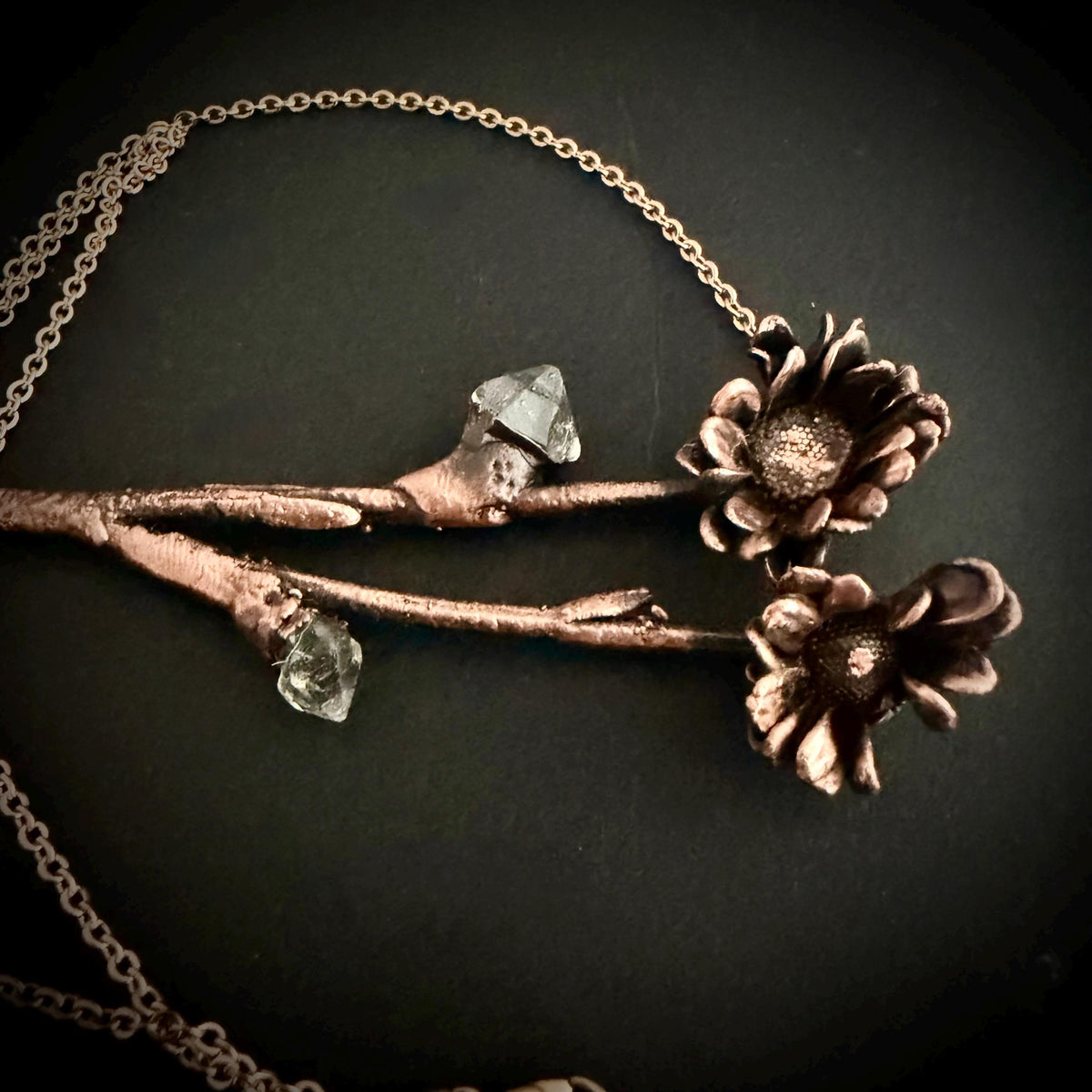 Real Flower Bouquet Necklace with Herkimer Diamond | Electroformed Copper Botanical Pendant | Handmade Crystal Jewelry