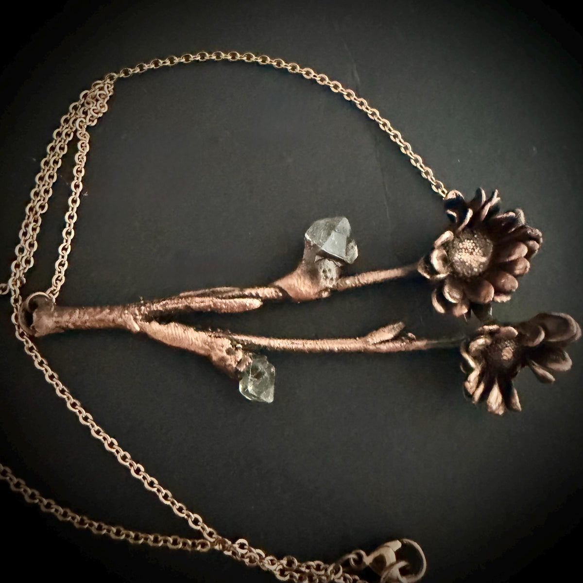 Real Flower Bouquet Necklace with Herkimer Diamond | Electroformed Copper Botanical Pendant | Handmade Crystal Jewelry