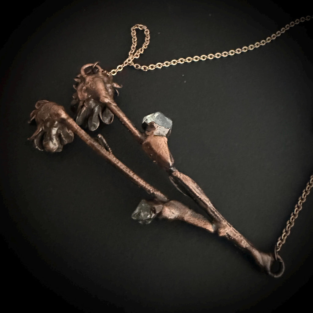 Real Flower Bouquet Necklace with Herkimer Diamond | Electroformed Copper Botanical Pendant | Handmade Crystal Jewelry