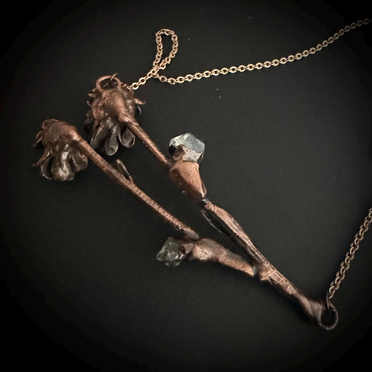 Real Flower Bouquet Necklace with Herkimer Diamond | Electroformed Copper Botanical Pendant | Handmade Crystal Jewelry