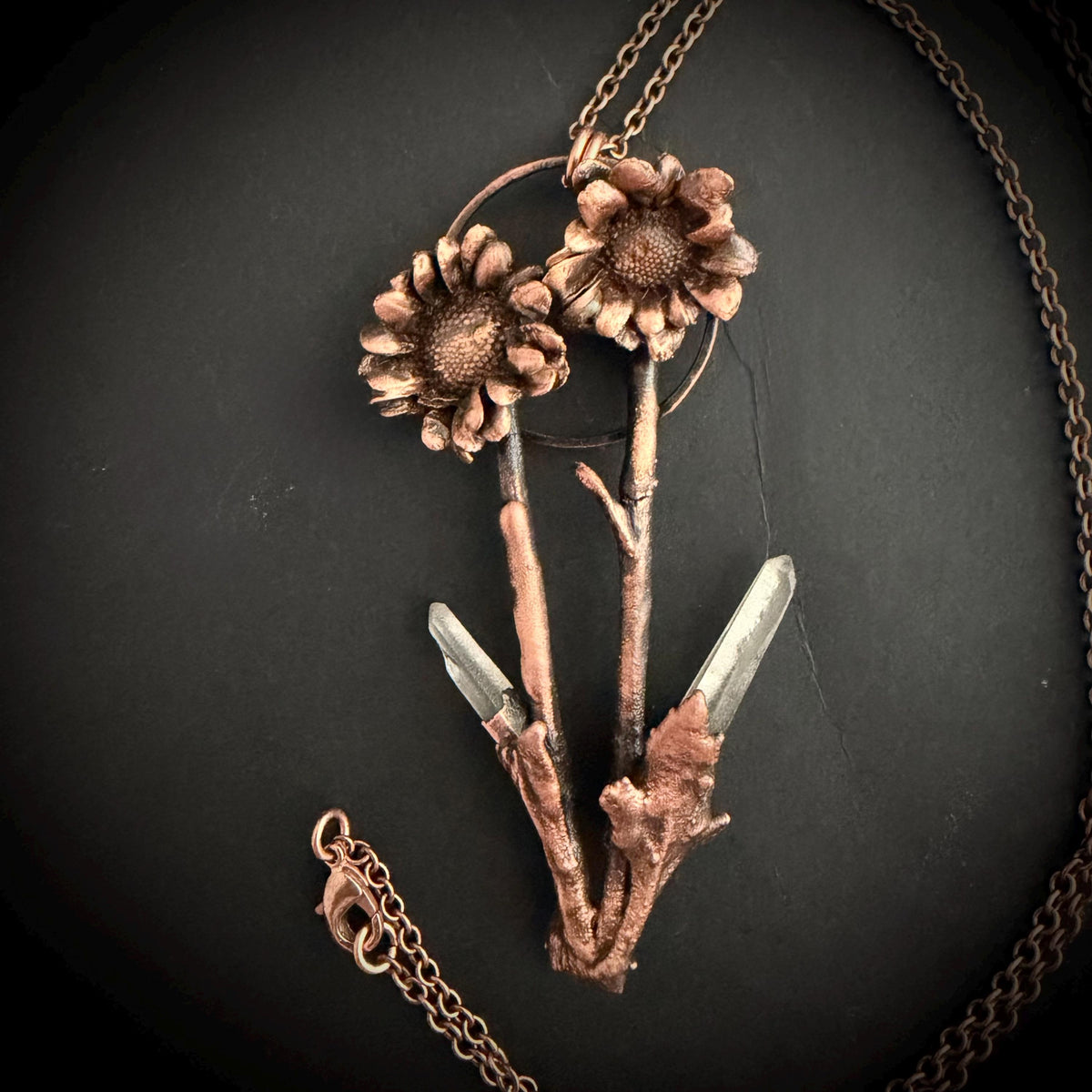 Real Flower Bouquet Necklace with Lemurian Quartz | Electroformed Copper Botanical Pendant | Handmade Crystal Jewelry