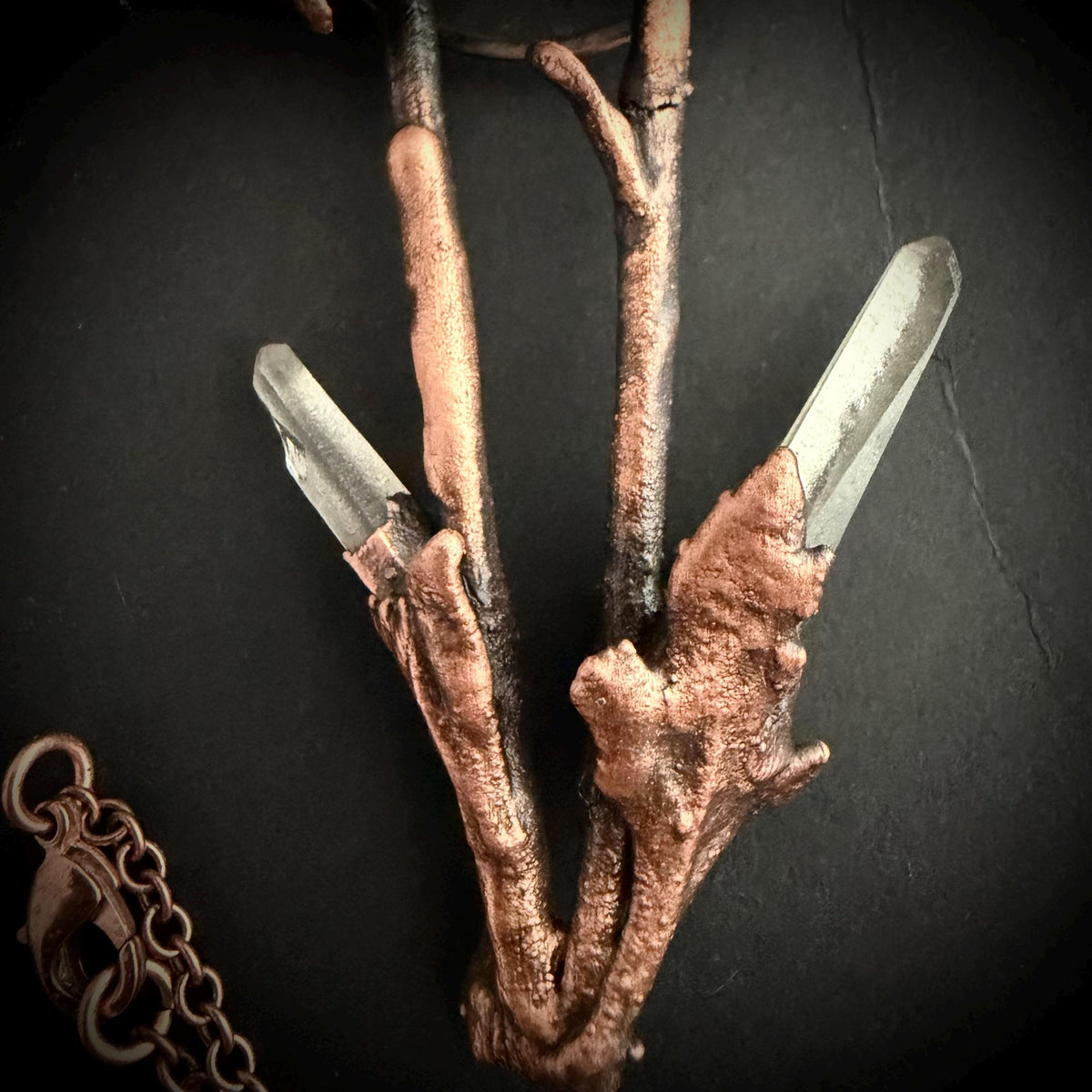 Real Flower Bouquet Necklace with Lemurian Quartz | Electroformed Copper Botanical Pendant | Handmade Crystal Jewelry