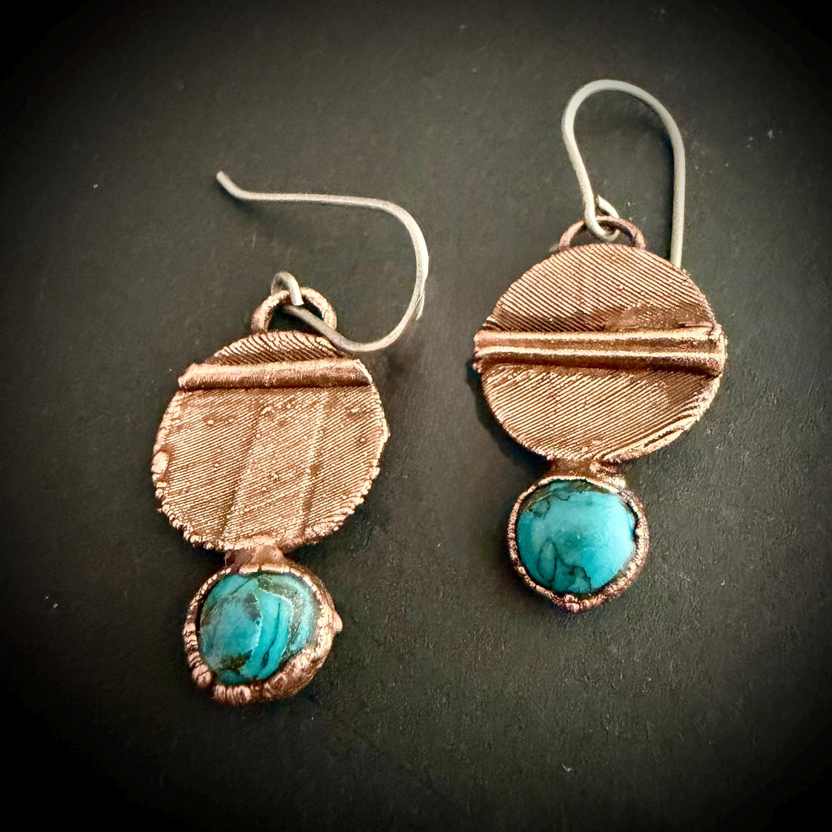 Real Feather Earrings with Gemstone | Electroformed Copper Disc Dangle Earrings | Handmade Boho Nature Jewelry