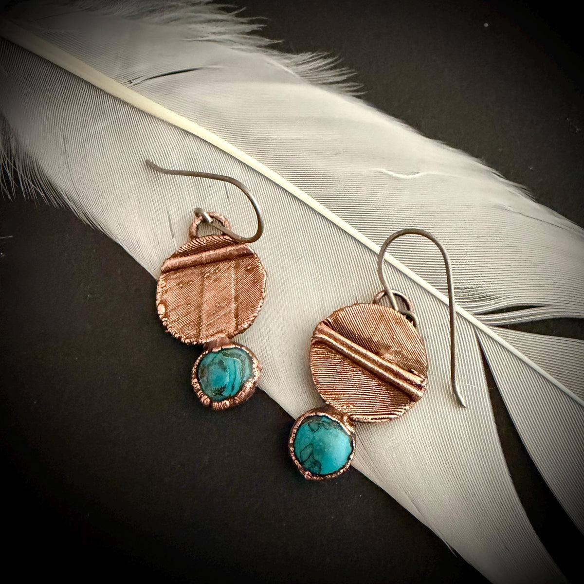 Real Feather Earrings with Gemstone | Electroformed Copper Disc Dangle Earrings | Handmade Boho Nature Jewelry