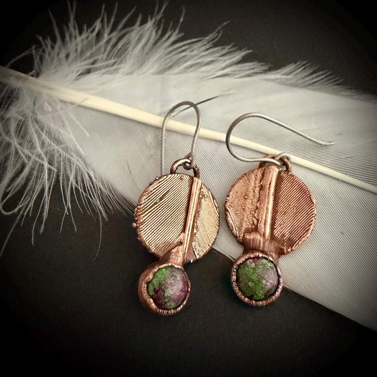 Real Feather Earrings with Gemstone | Electroformed Copper Disc Dangle Earrings | Handmade Boho Nature Jewelry