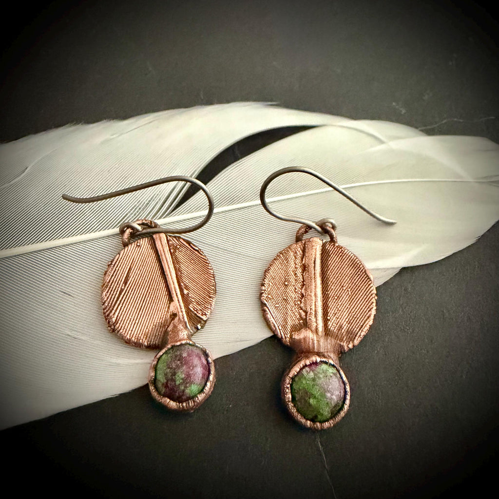 Real Feather Earrings with Gemstone | Electroformed Copper Disc Dangle Earrings | Handmade Boho Nature Jewelry