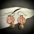 Real Feather Earrings with Gemstone | Electroformed Copper Disc Dangle Earrings | Handmade Boho Nature Jewelry