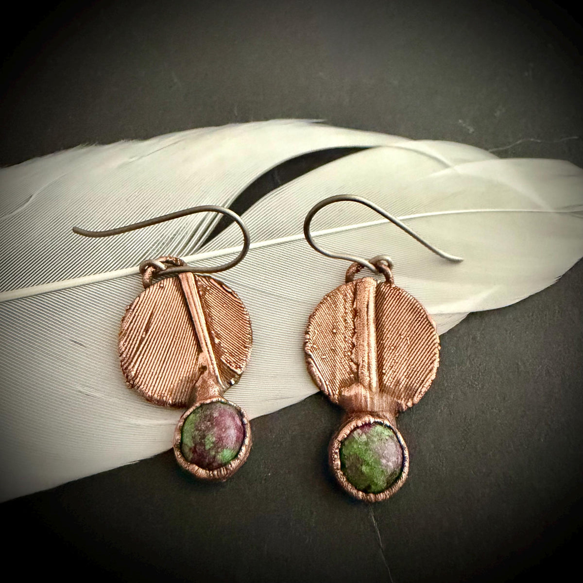 Real Feather Earrings with Gemstone | Electroformed Copper Disc Dangle Earrings | Handmade Boho Nature Jewelry