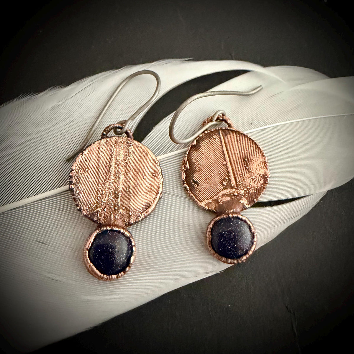 Real Feather Earrings with Gemstone | Electroformed Copper Disc Dangle Earrings | Handmade Boho Nature Jewelry