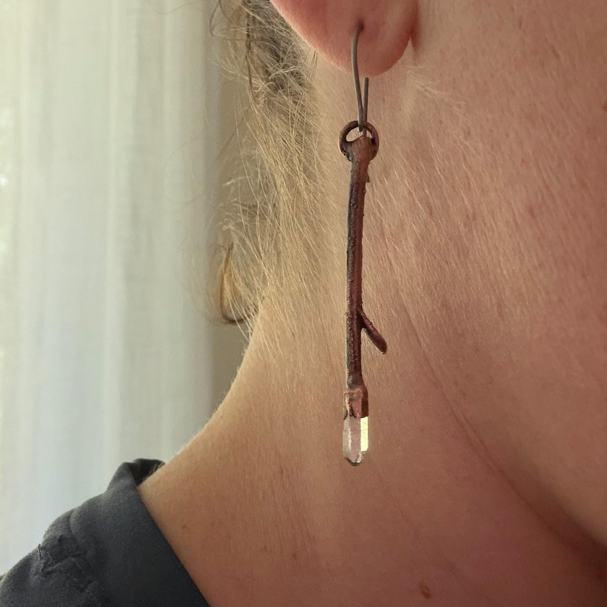 Twig Earrings with Raw Quartz | Real Branch Electroformed Copper Dangle Earrings | Handmade Boho Nature Jewelry