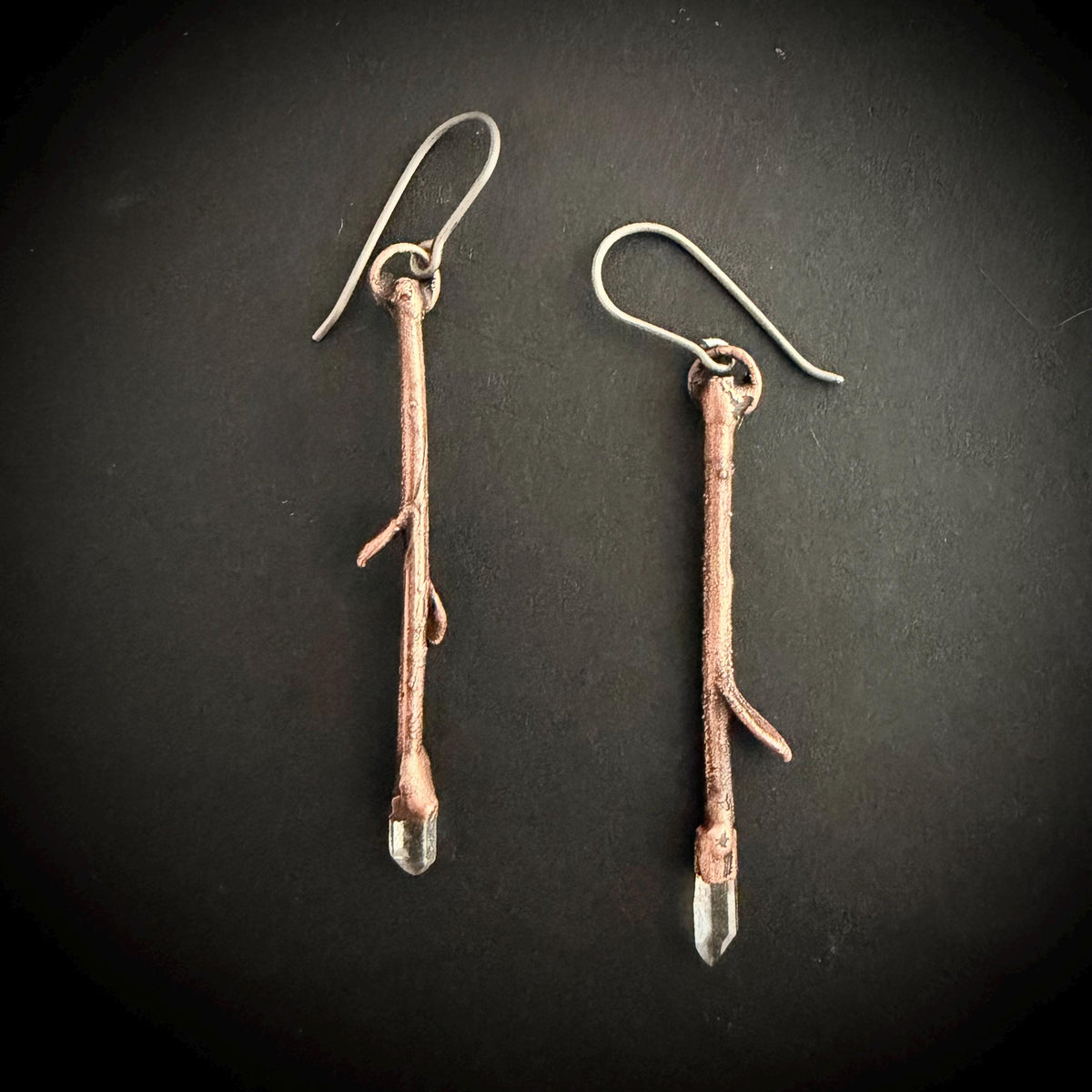 Twig Earrings with Raw Quartz | Real Branch Electroformed Copper Dangle Earrings | Handmade Boho Nature Jewelry