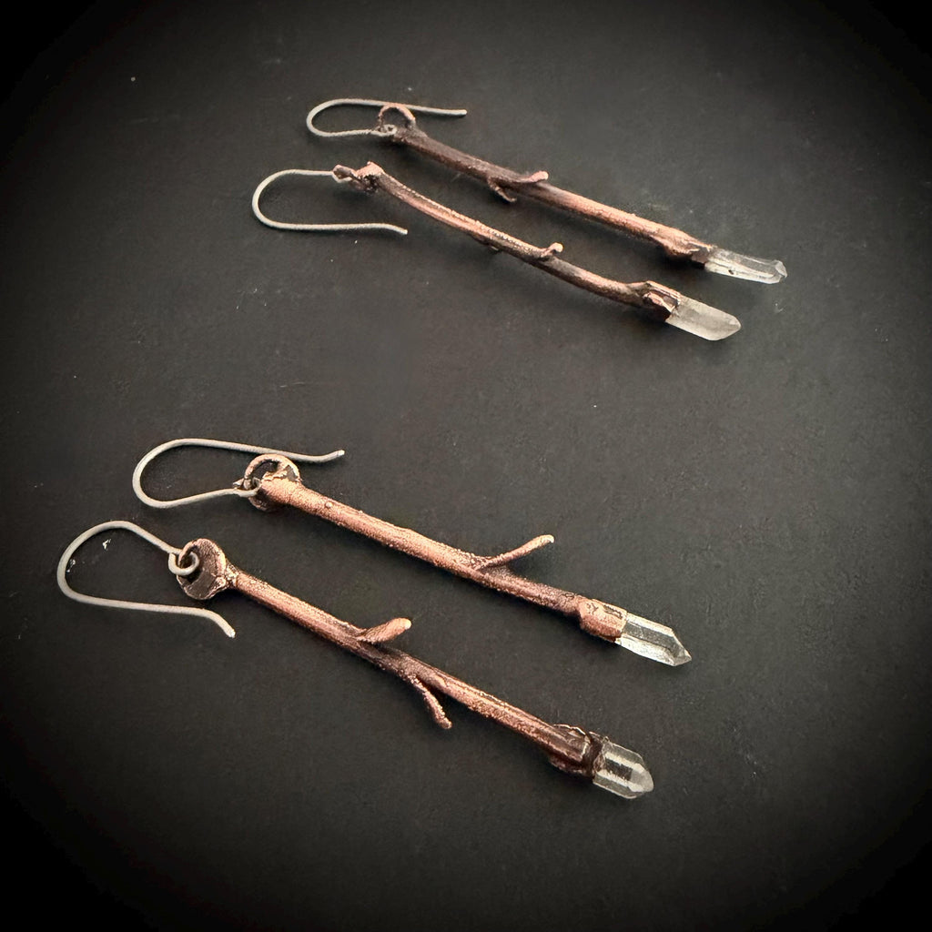 Twig Earrings with Raw Quartz | Real Branch Electroformed Copper Dangle Earrings | Handmade Boho Nature Jewelry