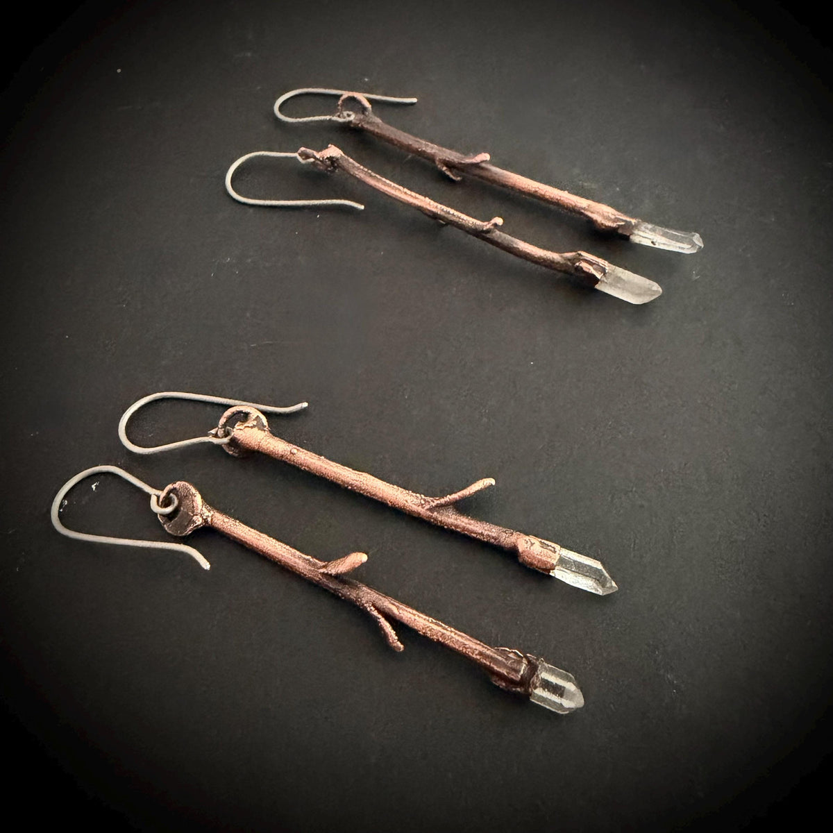 Twig Earrings with Raw Quartz | Real Branch Electroformed Copper Dangle Earrings | Handmade Boho Nature Jewelry