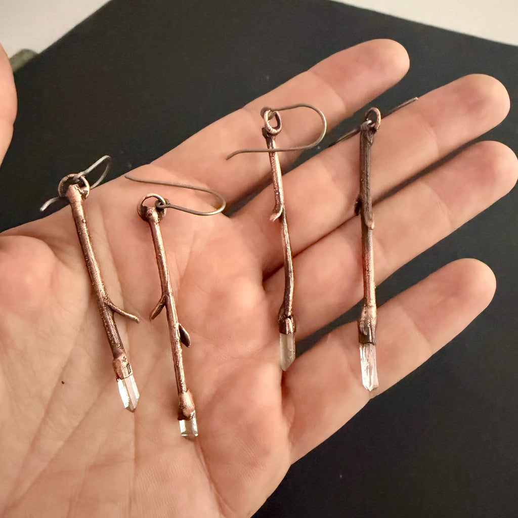 Twig Earrings with Raw Quartz | Real Branch Electroformed Copper Dangle Earrings | Handmade Boho Nature Jewelry