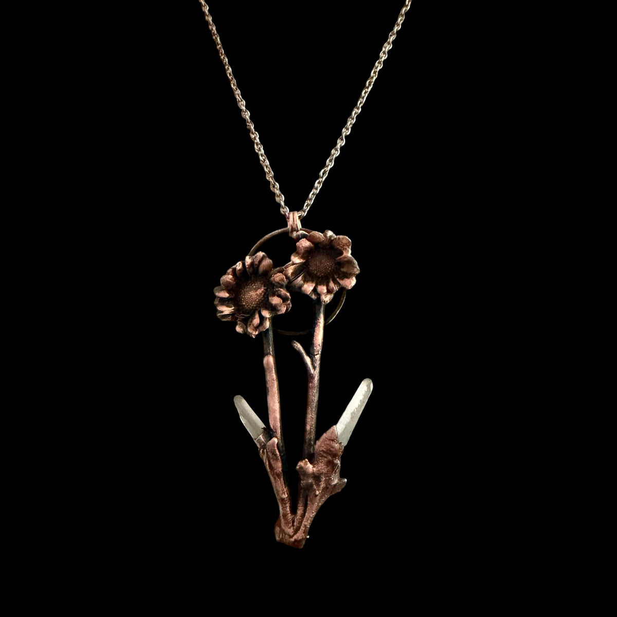 Real Flower Bouquet Necklace with Lemurian Quartz | Electroformed Copper Botanical Pendant | Handmade Crystal Jewelry