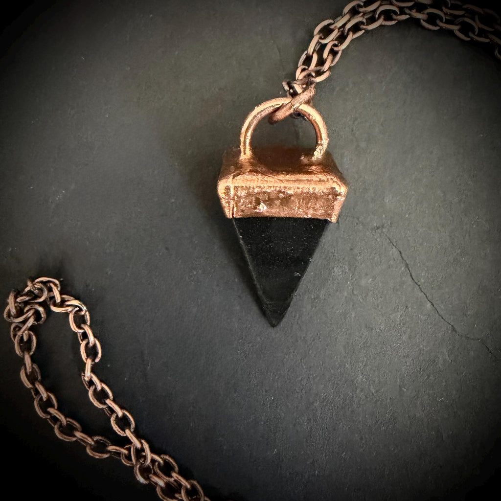Black Obsidian Point Necklace | Electroformed Copper Pendant | Handmade Crystal Necklace | Boho Protection Jewelry