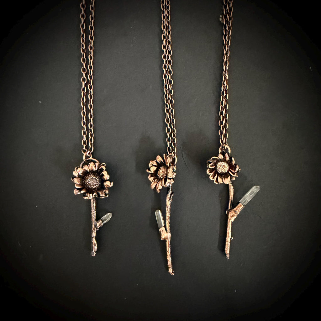 Electroformed Real Flower Necklace with Quartz Crystal | Copper Botanical Pendant | Handmade Nature Jewelry | Boho Necklace