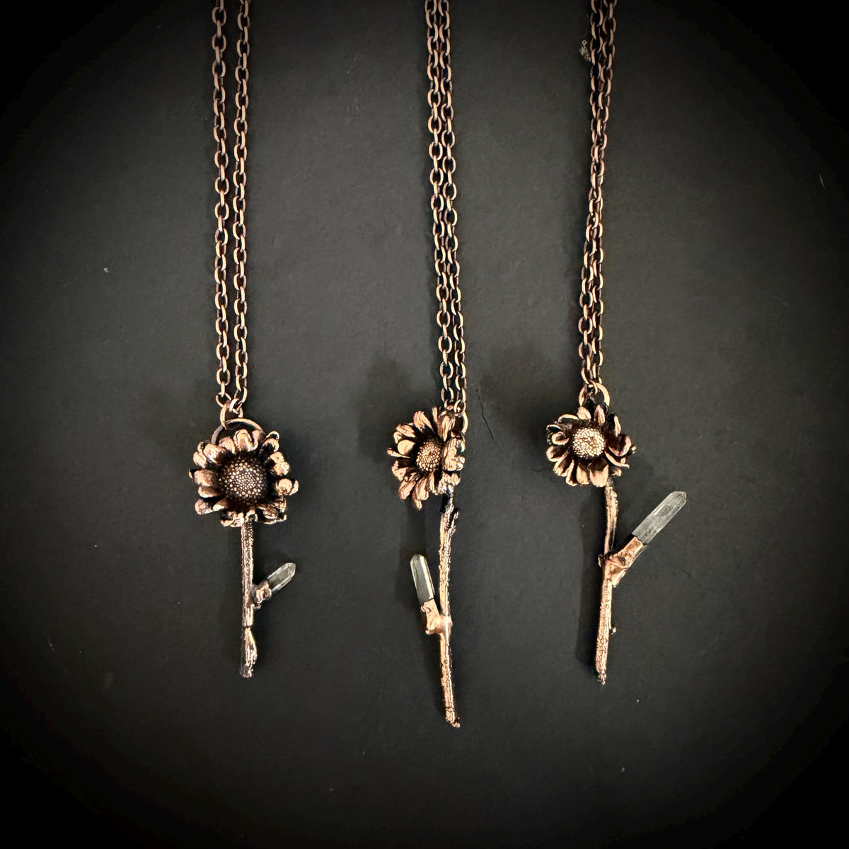 Electroformed Real Flower Necklace with Quartz Crystal | Copper Botanical Pendant | Handmade Nature Jewelry | Boho Necklace