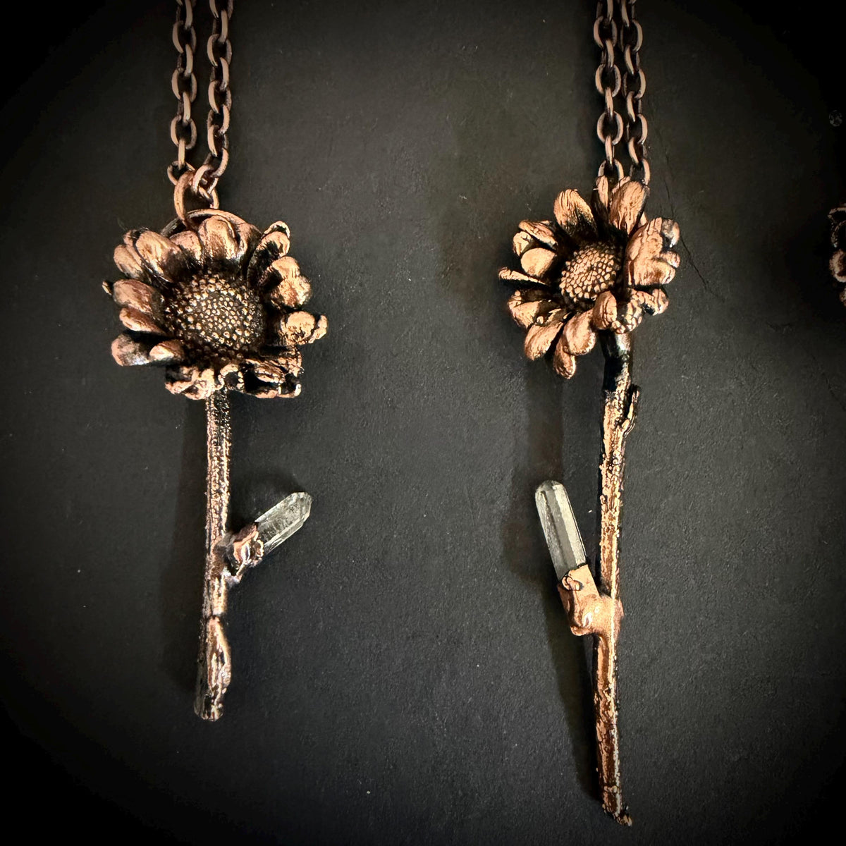 Electroformed Real Flower Necklace with Quartz Crystal | Copper Botanical Pendant | Handmade Nature Jewelry | Boho Necklace