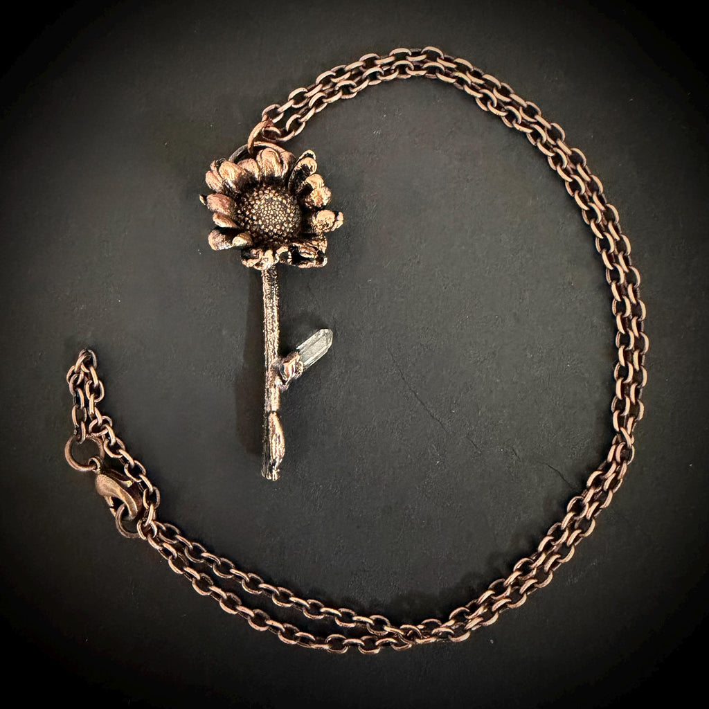 Electroformed Real Flower Necklace with Quartz Crystal | Copper Botanical Pendant | Handmade Nature Jewelry | Boho Necklace