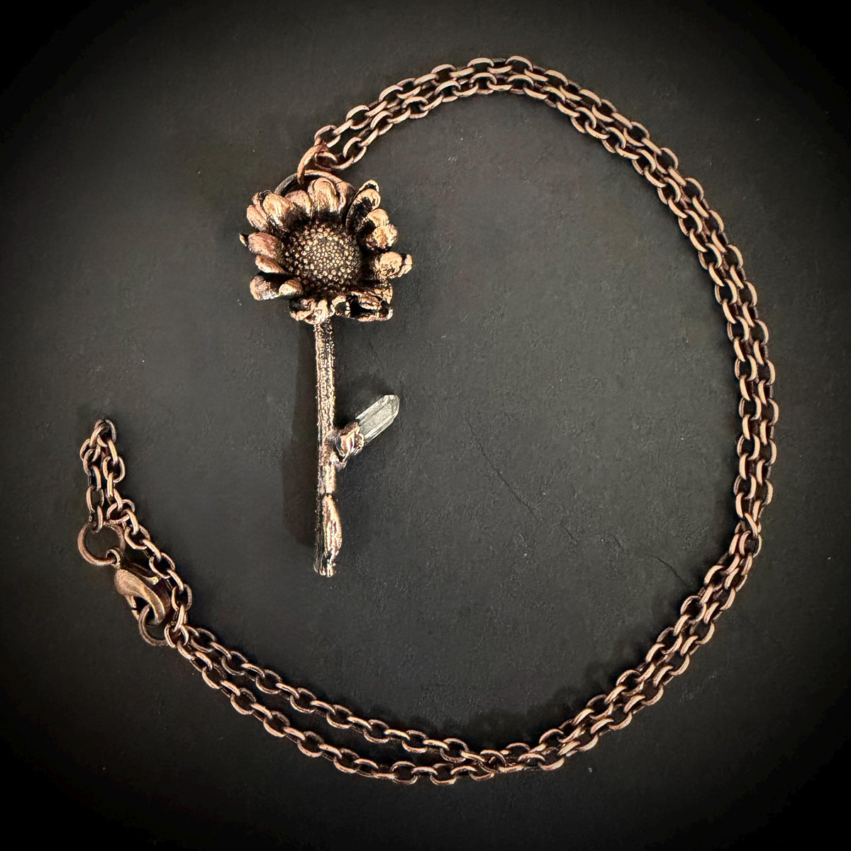 Electroformed Real Flower Necklace with Quartz Crystal | Copper Botanical Pendant | Handmade Nature Jewelry | Boho Necklace