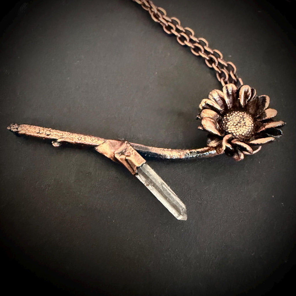 Electroformed Real Flower Necklace with Quartz Crystal | Copper Botanical Pendant | Handmade Nature Jewelry | Boho Necklace