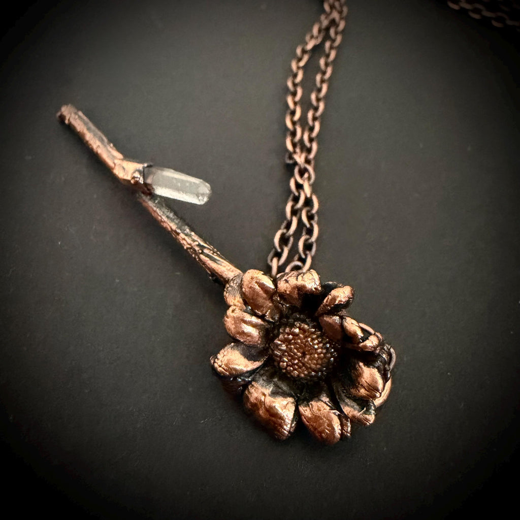 Electroformed Real Flower Necklace with Quartz Crystal | Copper Botanical Pendant | Handmade Nature Jewelry | Boho Necklace