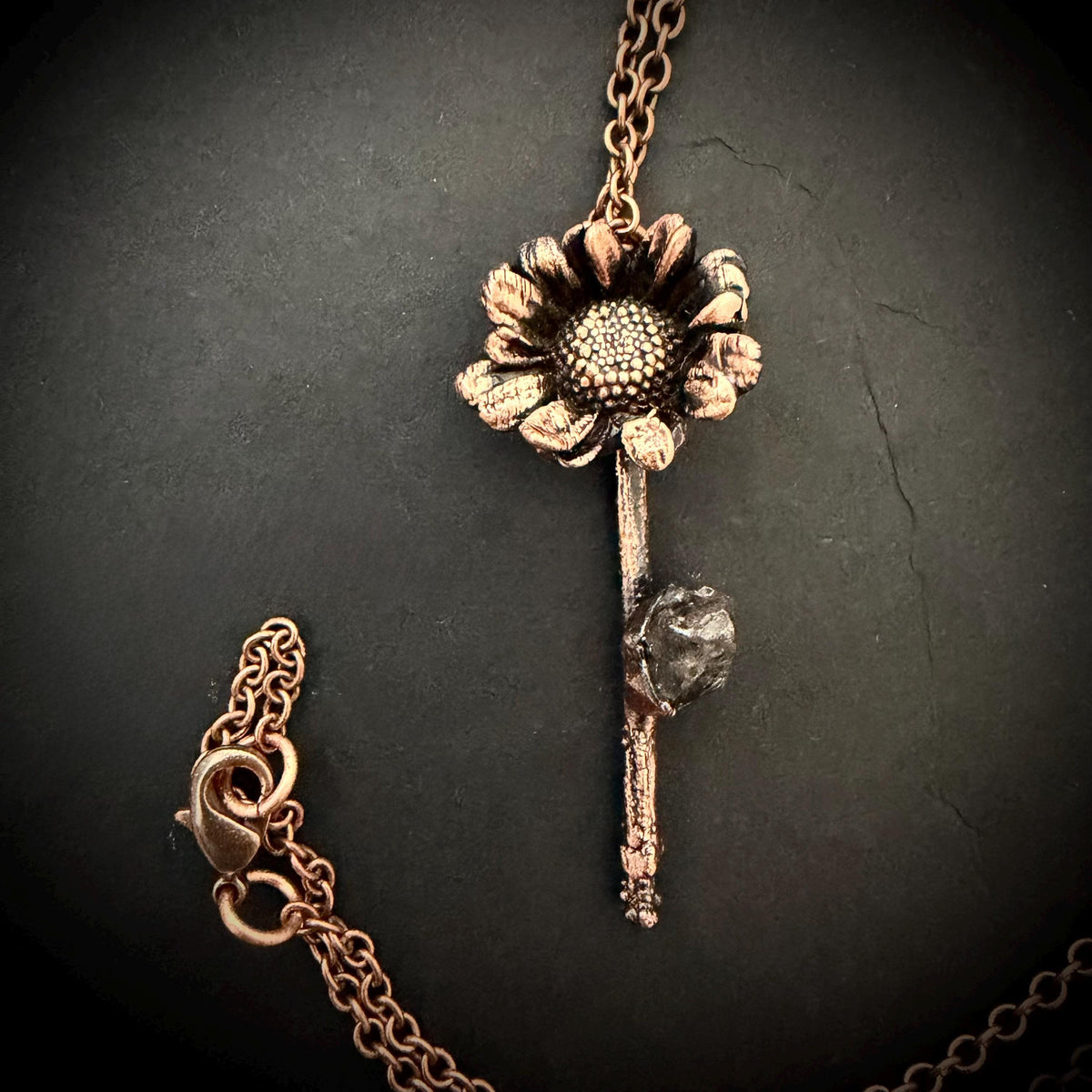 Electroformed Real Flower Necklace with Herkimer Diamond | Copper Botanical Pendant | Handmade Nature Jewelry | Boho Crystal