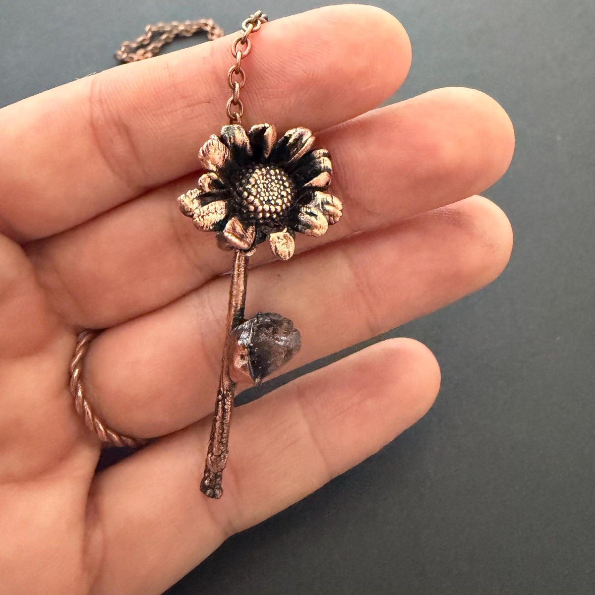 Electroformed Real Flower Necklace with Herkimer Diamond | Copper Botanical Pendant | Handmade Nature Jewelry | Boho Crystal