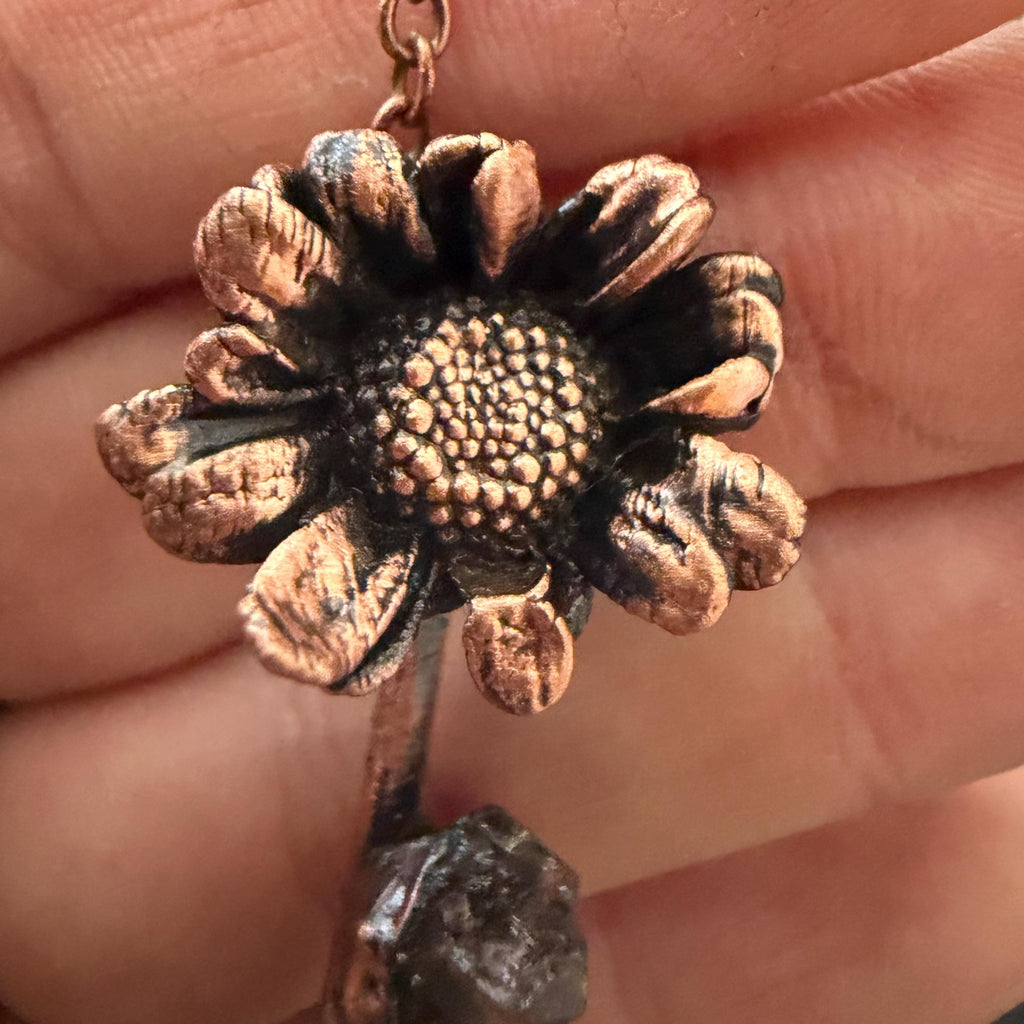 Electroformed Real Flower Necklace with Herkimer Diamond | Copper Botanical Pendant | Handmade Nature Jewelry | Boho Crystal
