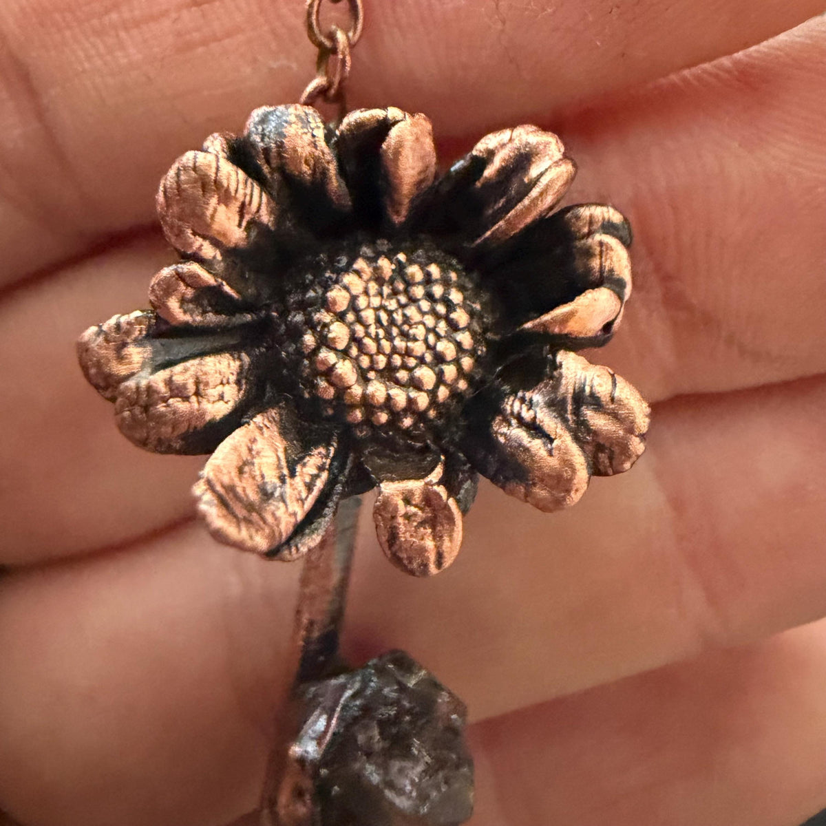 Electroformed Real Flower Necklace with Herkimer Diamond | Copper Botanical Pendant | Handmade Nature Jewelry | Boho Crystal