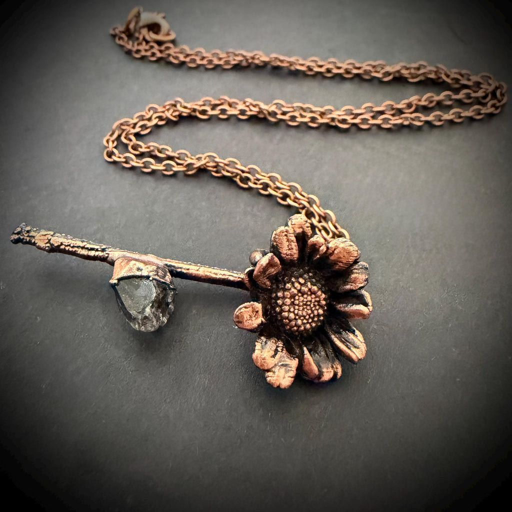 Electroformed Real Flower Necklace with Herkimer Diamond | Copper Botanical Pendant | Handmade Nature Jewelry | Boho Crystal