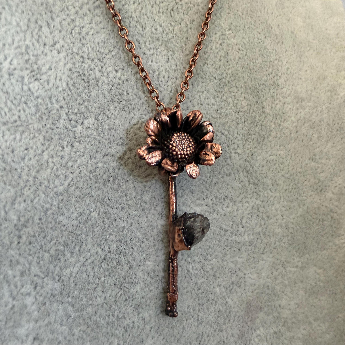 Electroformed Real Flower Necklace with Herkimer Diamond | Copper Botanical Pendant | Handmade Nature Jewelry | Boho Crystal