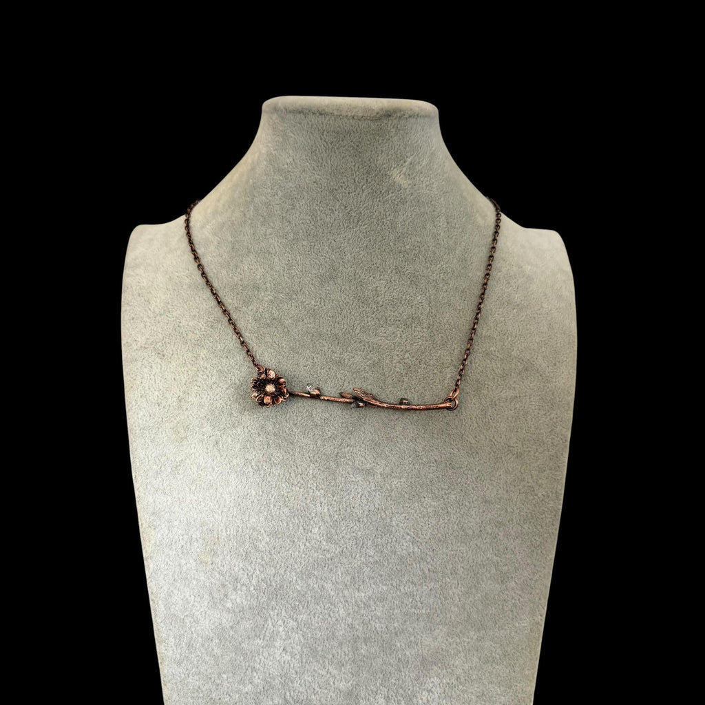 Electroformed Flower Branch Necklace with Herkimer Diamond | Horizontal Copper Bar | Handmade Botanical Jewelry | Boho Crystal
