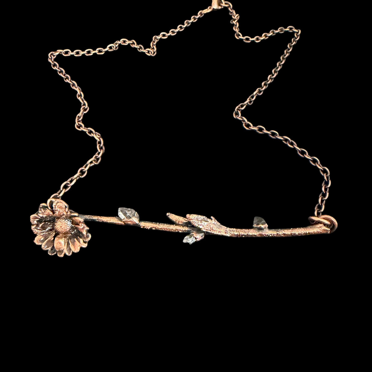 Electroformed Flower Branch Necklace with Herkimer Diamond | Horizontal Copper Bar | Handmade Botanical Jewelry | Boho Crystal
