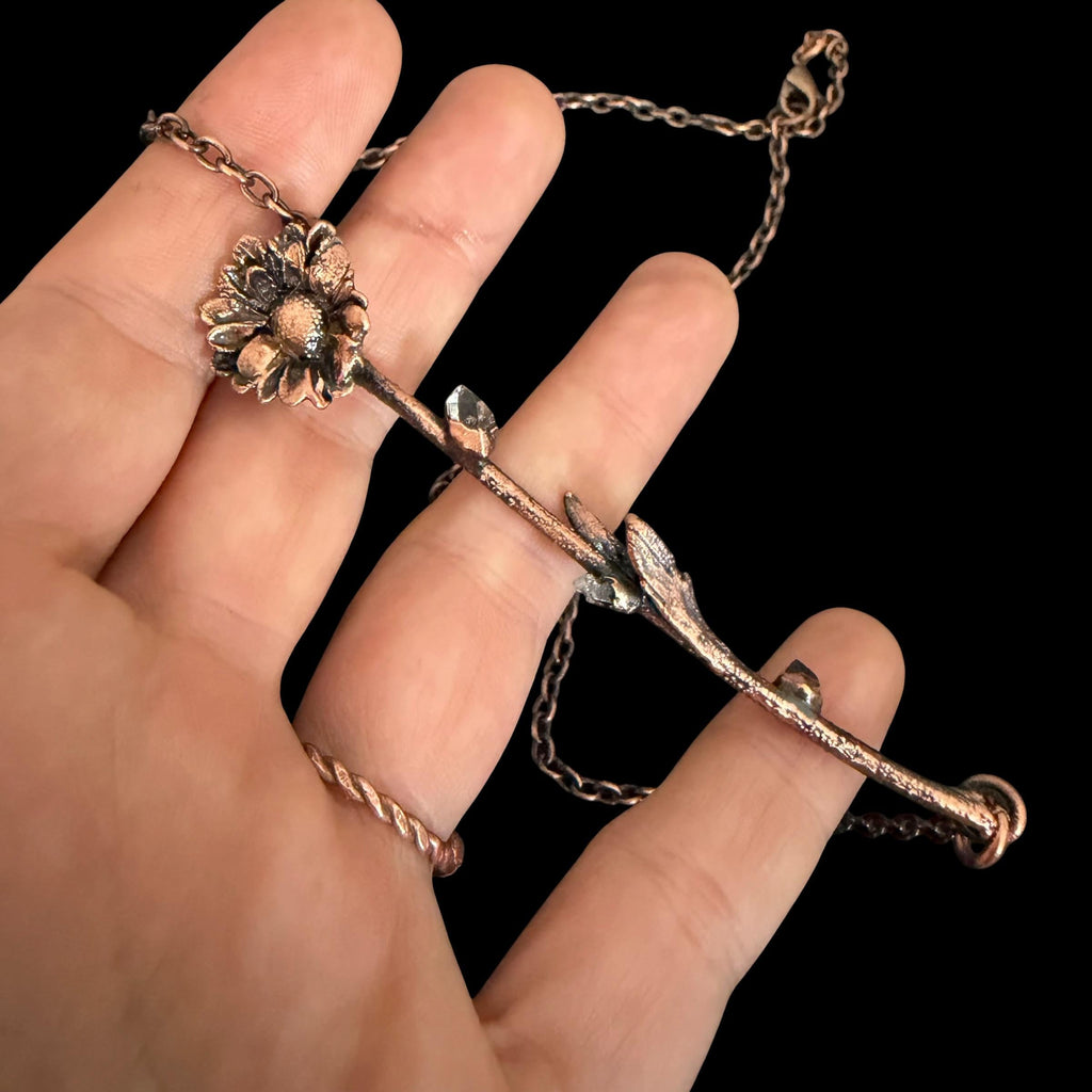 Electroformed Flower Branch Necklace with Herkimer Diamond | Horizontal Copper Bar | Handmade Botanical Jewelry | Boho Crystal