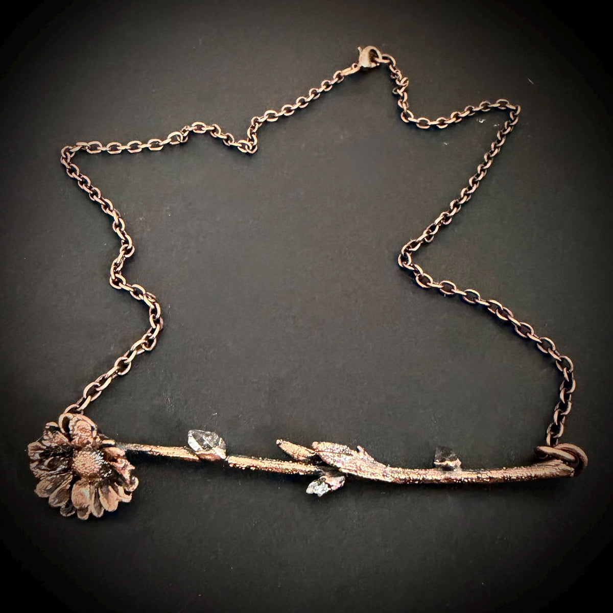 Electroformed Flower Branch Necklace with Herkimer Diamond | Horizontal Copper Bar | Handmade Botanical Jewelry | Boho Crystal