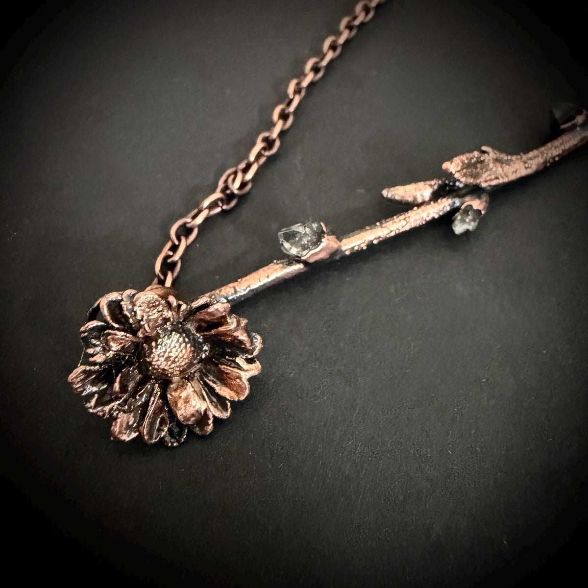 Electroformed Flower Branch Necklace with Herkimer Diamond | Horizontal Copper Bar | Handmade Botanical Jewelry | Boho Crystal
