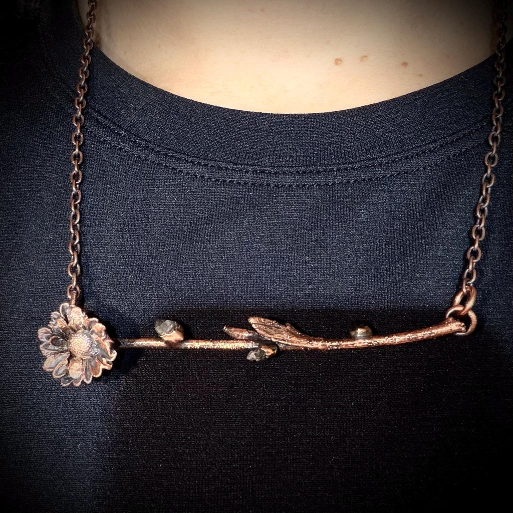 Electroformed Flower Branch Necklace with Herkimer Diamond | Horizontal Copper Bar | Handmade Botanical Jewelry | Boho Crystal