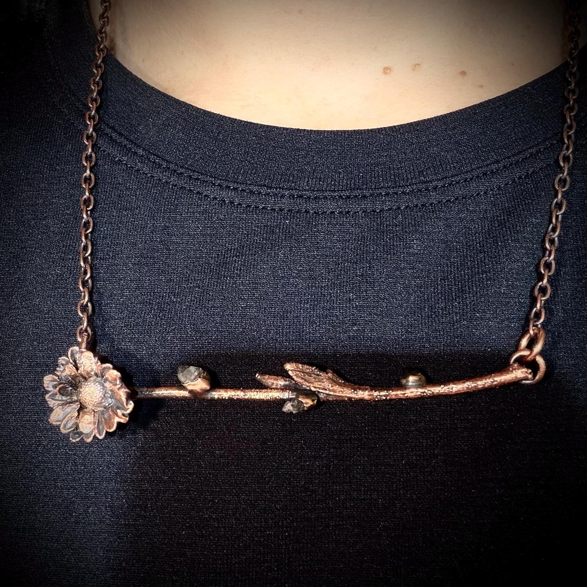 Electroformed Flower Branch Necklace with Herkimer Diamond | Horizontal Copper Bar | Handmade Botanical Jewelry | Boho Crystal
