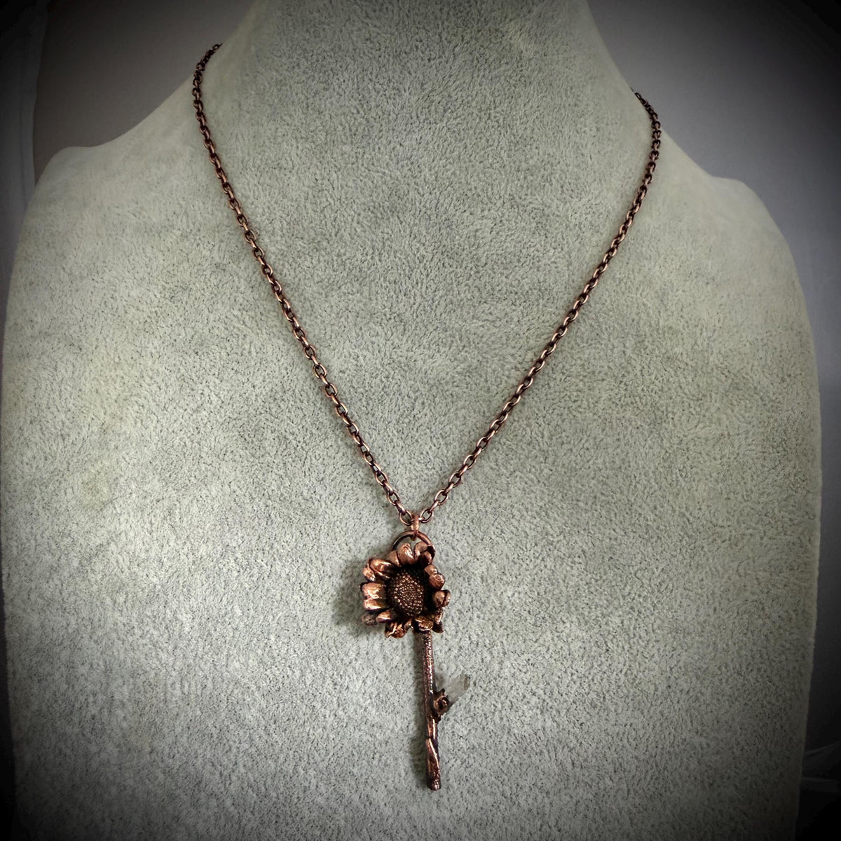 Electroformed Real Flower Necklace with Quartz Crystal | Copper Botanical Pendant | Handmade Nature Jewelry | Boho Necklace