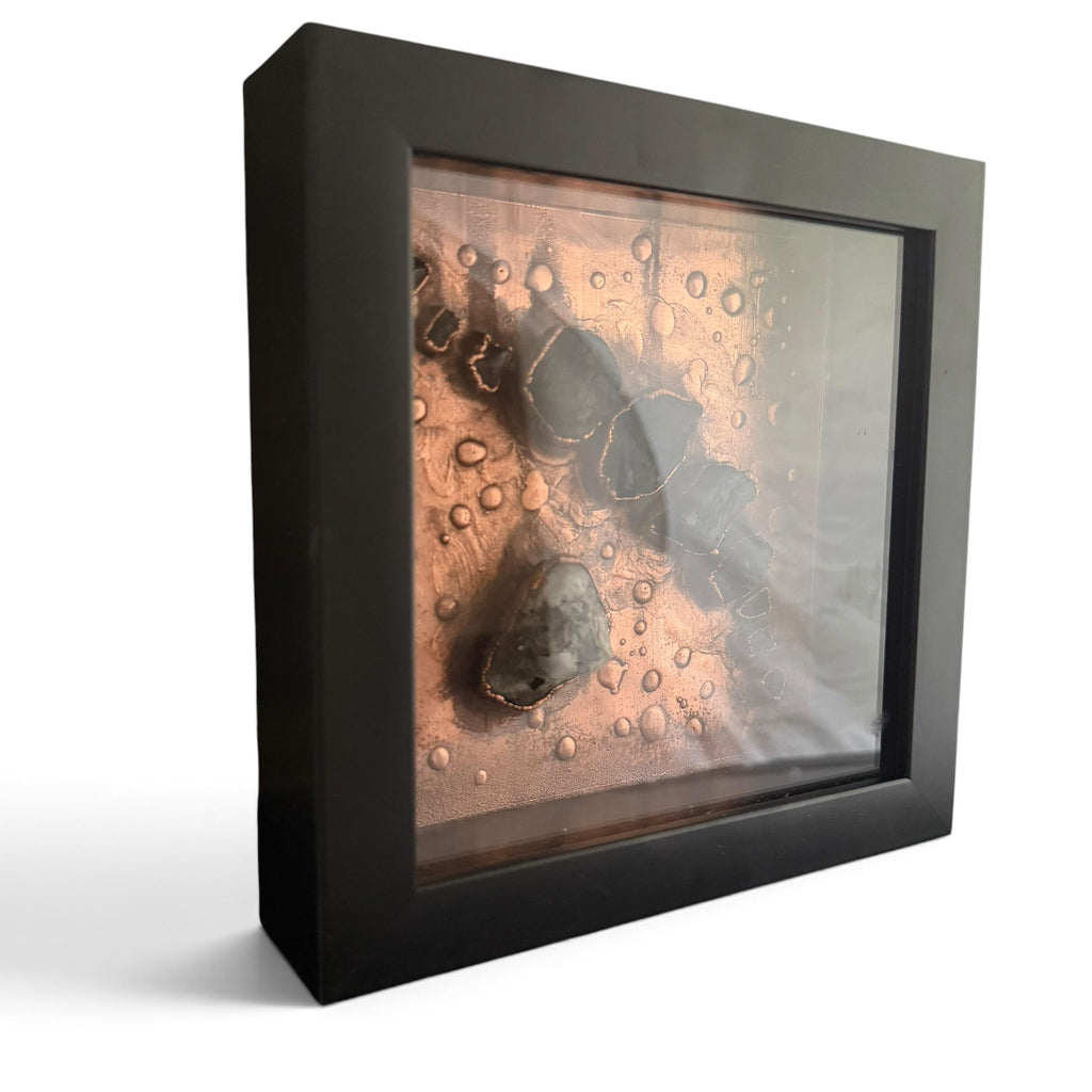 Electroformed Black Tourmaline and Moonstone Wall Art | Framed Copper Crystal Panel | Protection Grounding Decor | Boho Gift