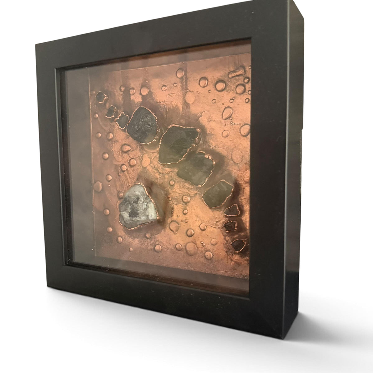 Electroformed Black Tourmaline and Moonstone Wall Art | Framed Copper Crystal Panel | Protection Grounding Decor | Boho Gift