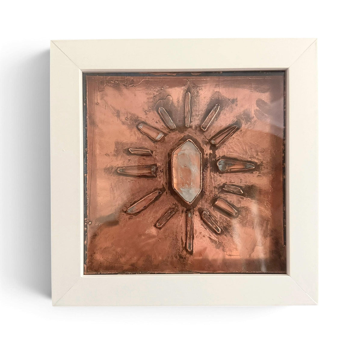 Electroformed Quartz Crystal Sun Wall Art | Framed Copper Lemurian Sunburst Decor | Boho Crystal Healing Art | Metaphysical Gift