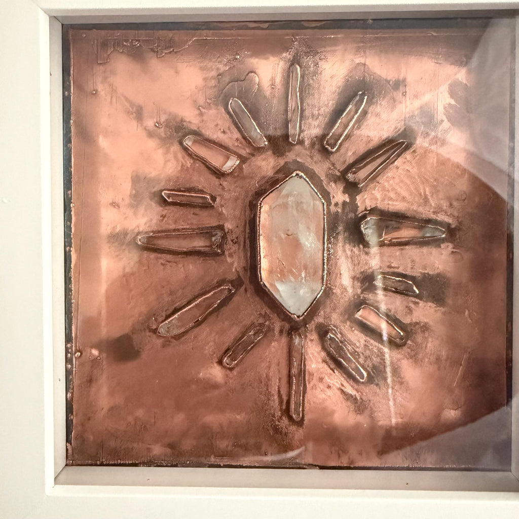 Electroformed Quartz Crystal Sun Wall Art | Framed Copper Lemurian Sunburst Decor | Boho Crystal Healing Art | Metaphysical Gift