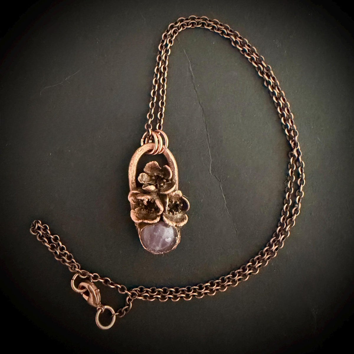 Amethyst Real Flower Necklace | Electroformed Copper Botanical Pendant | Handmade Crystal Jewelry | Boho Healing Necklace