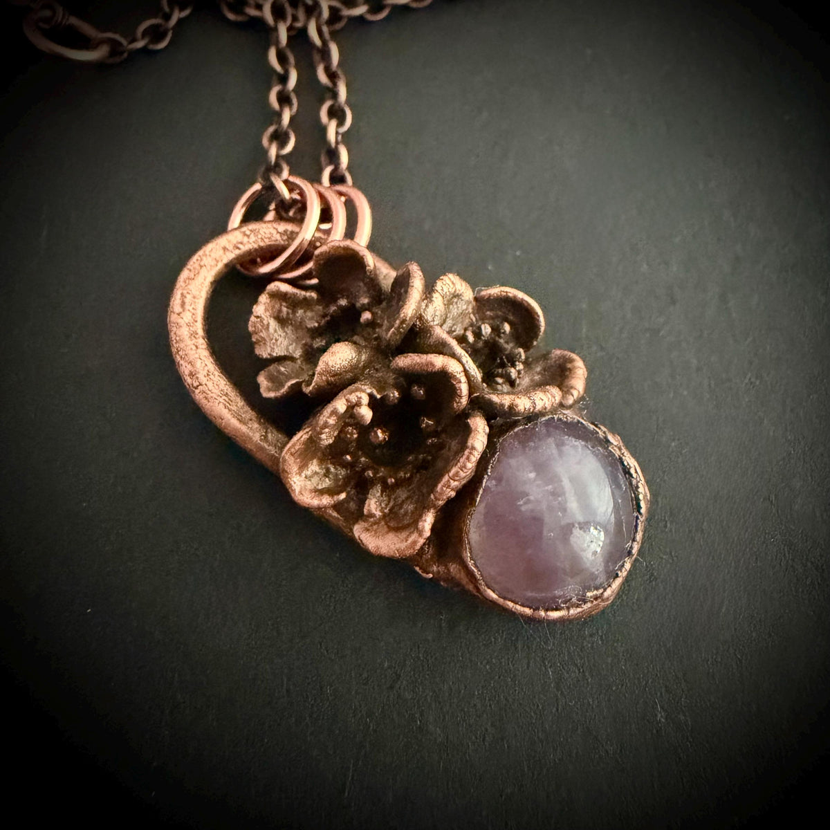 Amethyst Real Flower Necklace | Electroformed Copper Botanical Pendant | Handmade Crystal Jewelry | Boho Healing Necklace