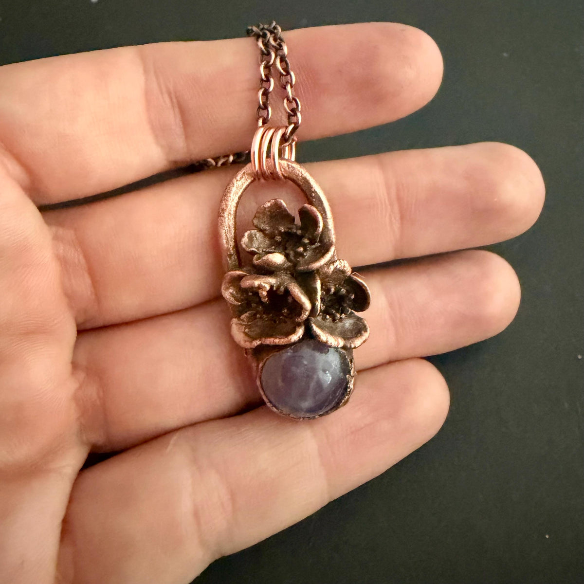 Amethyst Real Flower Necklace | Electroformed Copper Botanical Pendant | Handmade Crystal Jewelry | Boho Healing Necklace