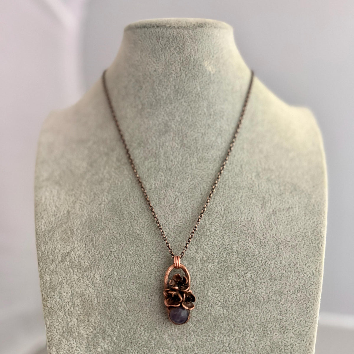 Amethyst Real Flower Necklace | Electroformed Copper Botanical Pendant | Handmade Crystal Jewelry | Boho Healing Necklace